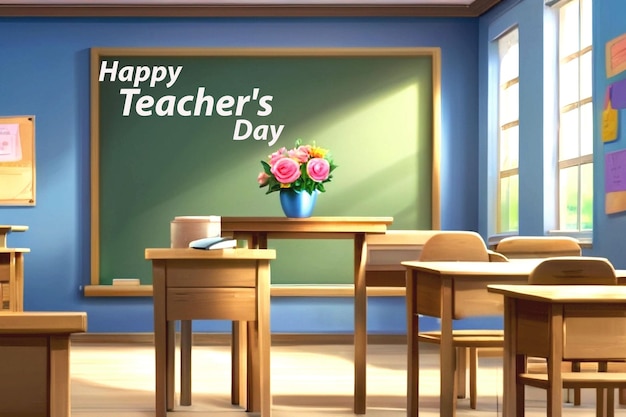 Happy Teachers Day Table With A Frame Classroom Dark Color Chalkboard And School Supplies Pencils