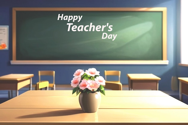 Happy Teachers Day Table With A Frame Classroom Dark Color Chalkboard And School Supplies Pencils