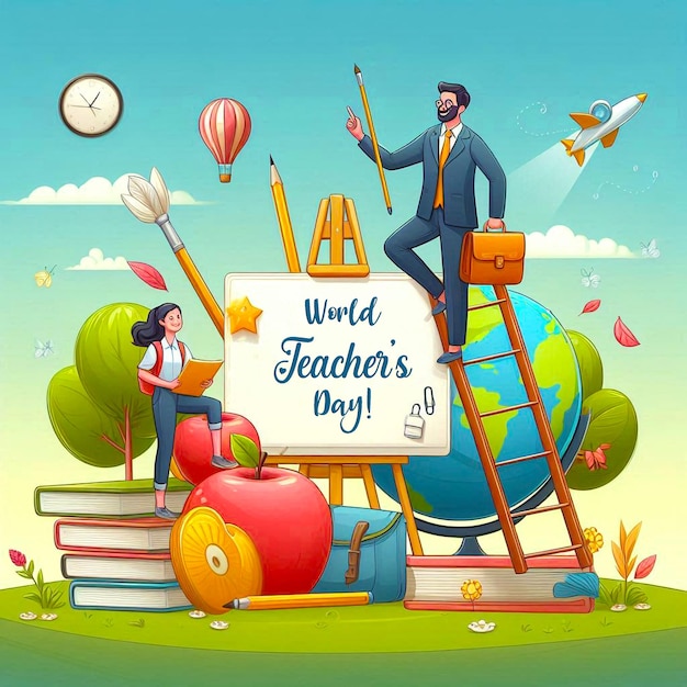 PSD happy teachers day written on a chalkboard banner and background psd design template