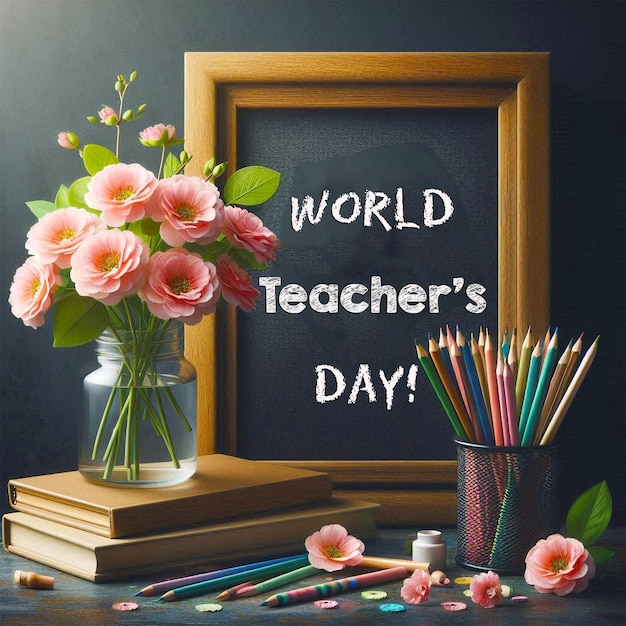 PSD happy teachers day written on a chalkboard banner and background psd design template