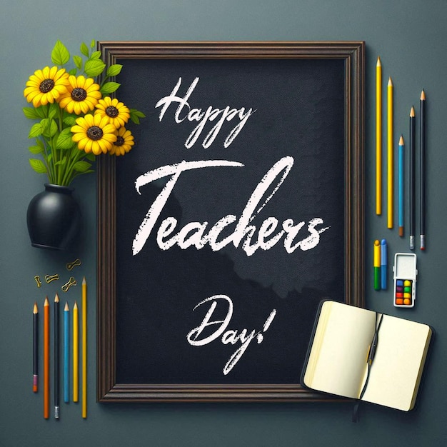 PSD happy teachers day written on a chalkboard banner and background psd design template