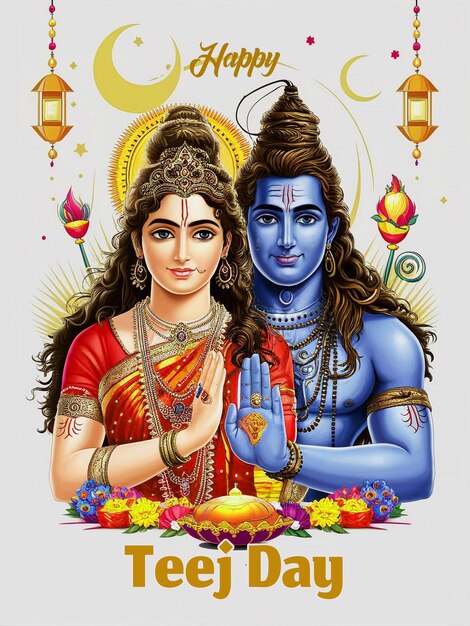 Happy Teej Festival PSD celebration poster beautiful illustration of Parvati and Shiva