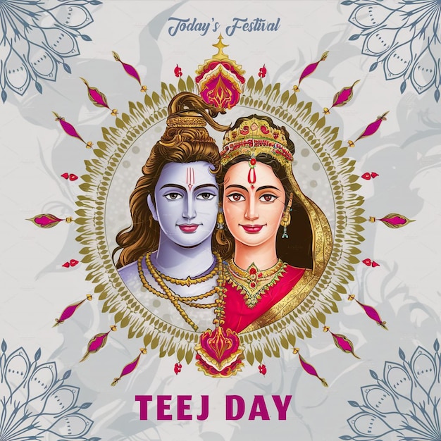 Happy Teej Festival PSD celebration poster beautiful illustration of Parvati and Shiva