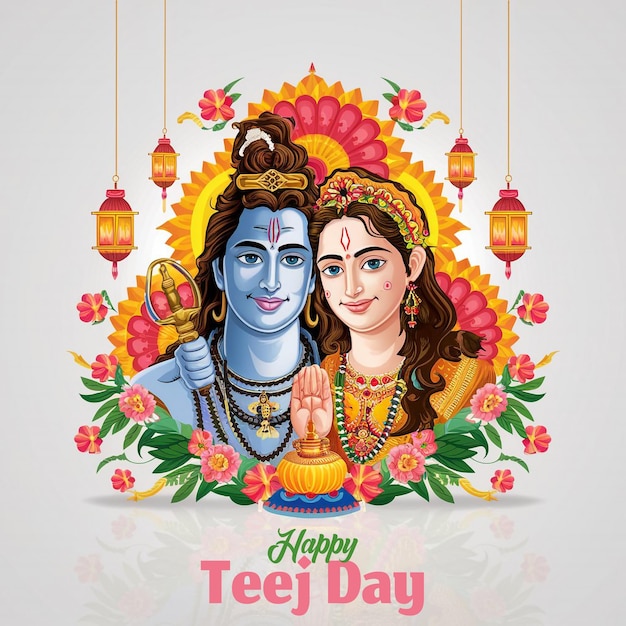 Happy Teej Festival PSD celebration poster beautiful illustration of Parvati and Shiva