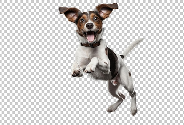 PSD happy terrier dog jumping on a transparent background looking at the camera