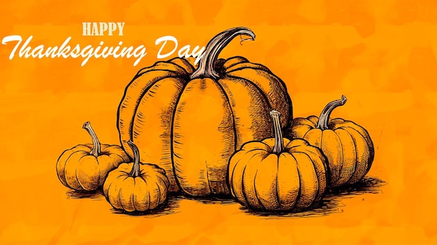 PSD happy thanksgiving day festival background design with hand drawn pumpkins