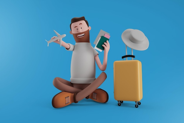 Happy traveler man with hat and luggage holding model plane and passport while sitting on isolated background Travel and vacation concept 3d illustration Cartoon characters