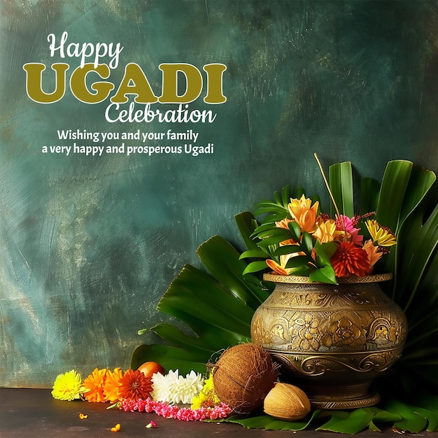 Happy Ugadi Greeting Card Background With mangal Kalash