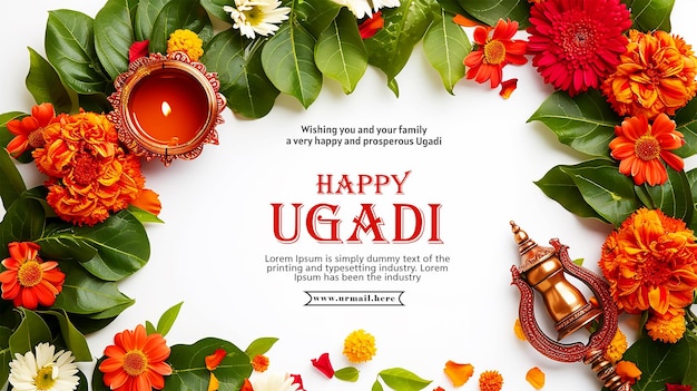 Happy Ugadi poster design with flower gait garland with mango leaves and flowers