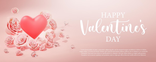 Happy Valentine's Day Banner Big Heart Between Pink Rose Petals and Diamond Banner Template 3D Render