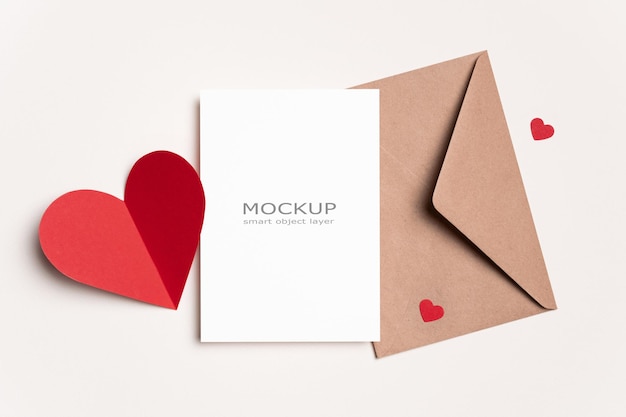 Happy Valentine's Day card mockup with red heart and envelope