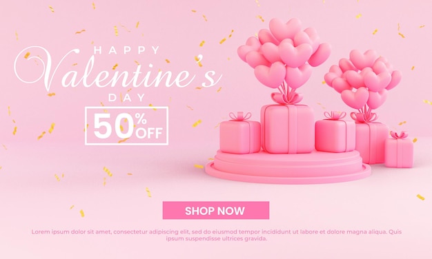 Happy valentine's day sale greeting banner template with podium 3d render