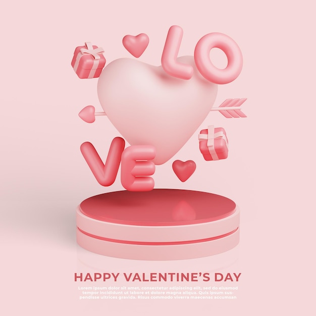 Happy Valentine's Day Social Media Post with Floating Big Heart Arrow and Gift Box 3d Rendering