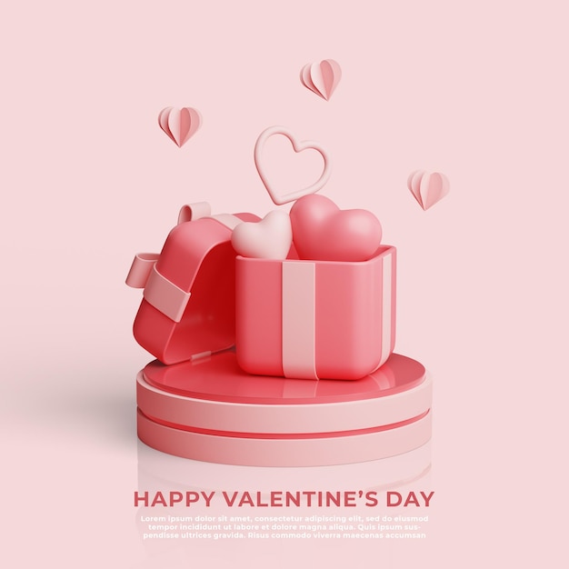 Happy Valentine's Day Social Media Post with Gift Box and Heart Inside 3d Rendering