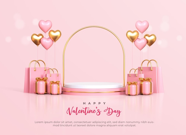 Happy valentine's day with 3d empty podium and romantic valentine decorations