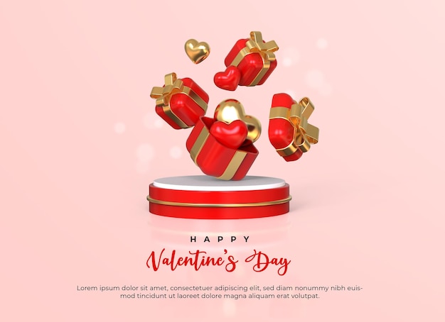 Happy valentine's day with 3d open gift box and hearts on round podium