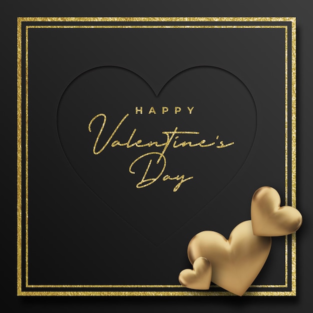 Happy Valentines Day card invitation Black and Gold heart and Ribbon Poster Background