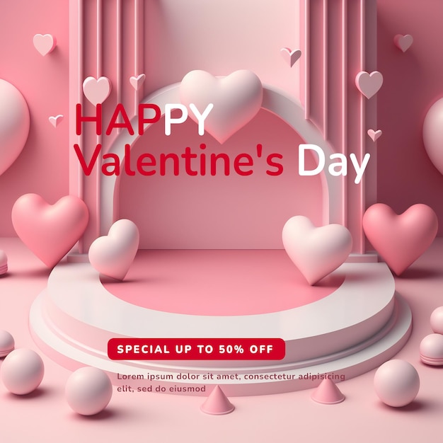 Happy valentines day podium. holiday romantic background mockup with decorative love hearts