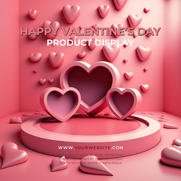 Happy valentines day podium. holiday romantic background mockup with decorative love hearts