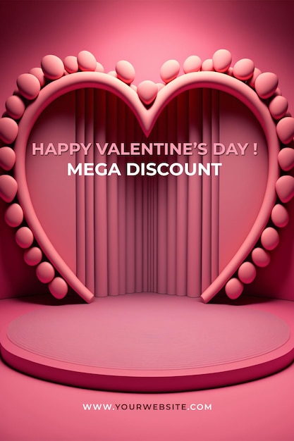 Happy valentines day podium. holiday romantic background mockup with decorative love hearts