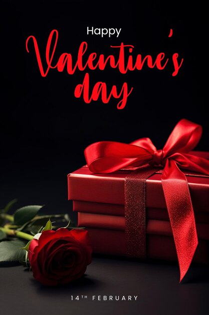 PSD happy valentines day poster template with gift box and red rose and dark background