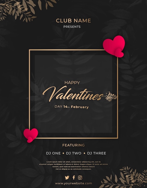 Happy Valentines Day Premium post with golden leaves hearts and dark background