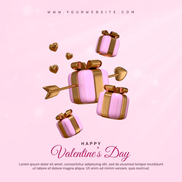 Happy valentines day with 3d hearts gift box and romantic valentine decorations