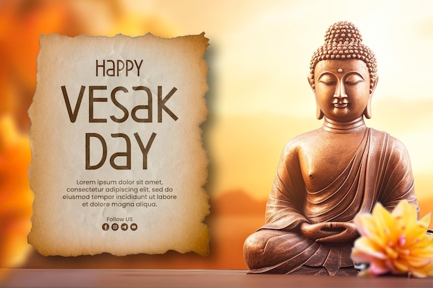 happy vesak day banner template with Buddha statue background blurred flowers and sky