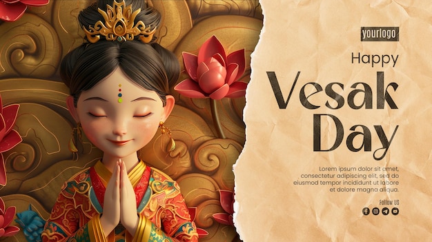 happy vesak day poster template with background handdrawn girl cute full face googlyegg shape