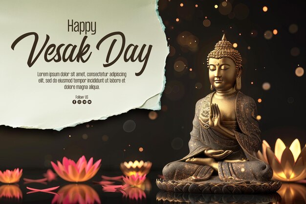 PSD happy vesak day poster with a buddha statue and magical light as a background