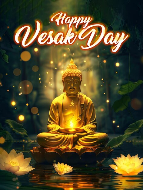 PSD happy vesak holiday poster with a background of a buddha statue filled with magical light