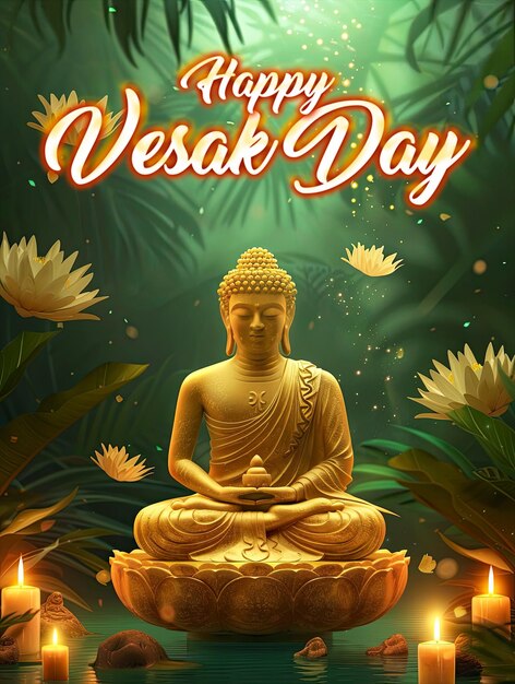 PSD happy vesak holiday poster with a background of a buddha statue filled with magical light