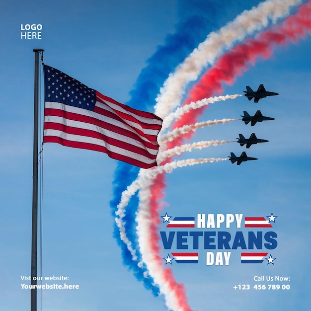 Happy Veterans Day 11 November Celebrating USA Heroes social media post template design