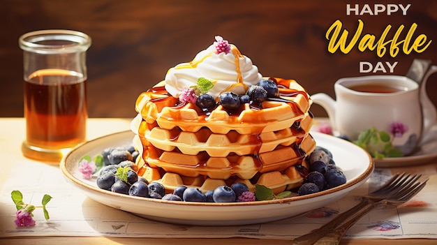 happy waffle day special greeting card with a realistic psd background