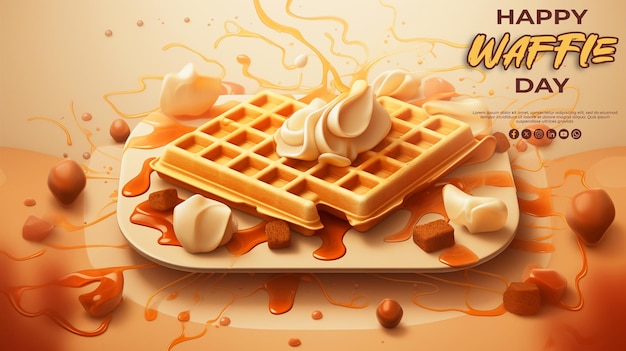 happy waffle day special greeting card with a realistic psd background