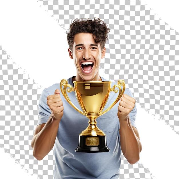 PSD happy winner guy holding a gold cup isolated on transparent background