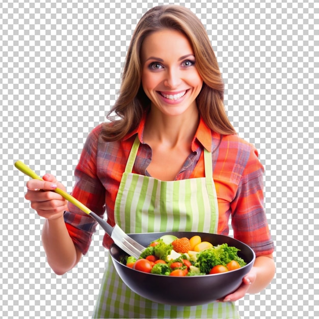 PSD happy woman cooking vegetables in a pan transparent background