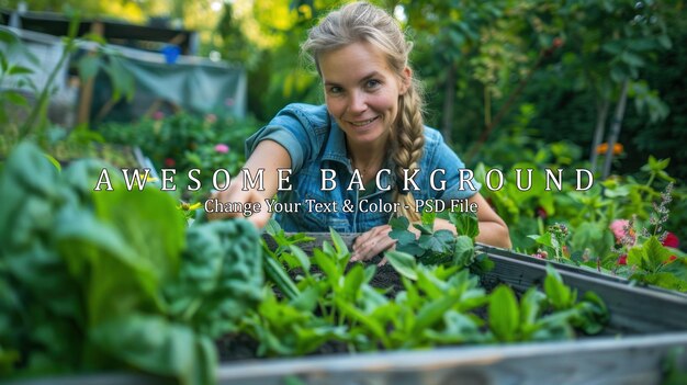 PSD happy woman gardening in her backyard