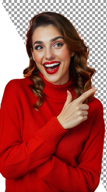 PSD happy woman in red sweater pointing right with white background