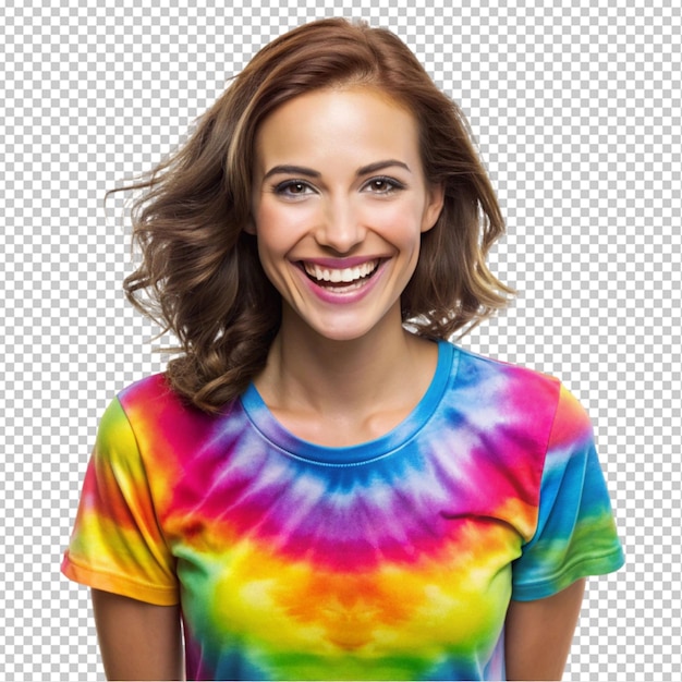 PSD a happy woman wearing a color t shirt smiling brig transparent background