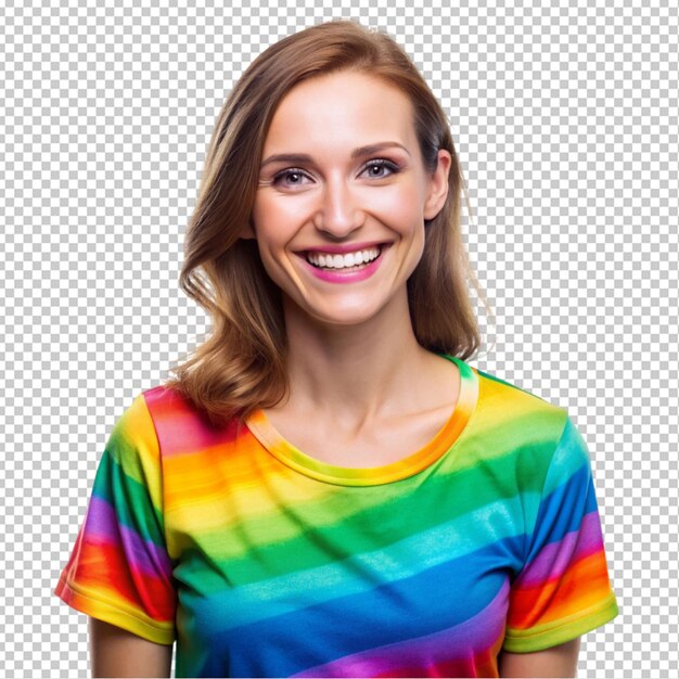 PSD a happy woman wearing a color t shirt smiling brig transparent background