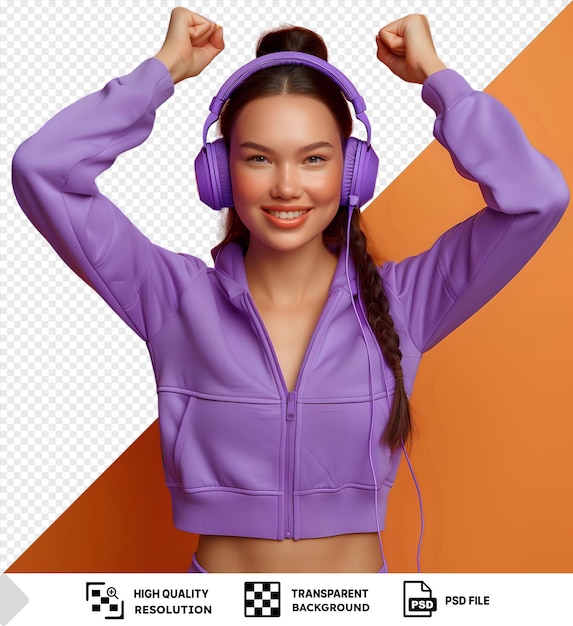 PSD happy woman wearing purple headphones and jacket posing with a smile isolated on an orange background