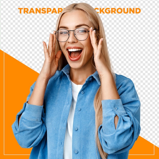 PSD happy woman with glasses on transparent background