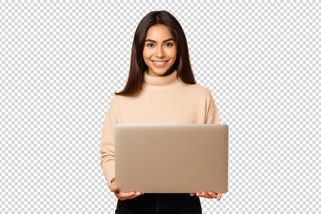 a happy woman with laptop isolated on a transparent background