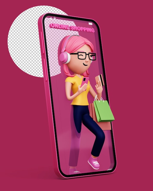 Happy women with phone Easy online Shopping 3d rendering