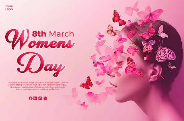 Happy Womens Day in Pink with Butterflies Womens Day Post Design PSD