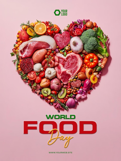 PSD happy world food day poster with heartshaped background of meat fruit vegetables and spices