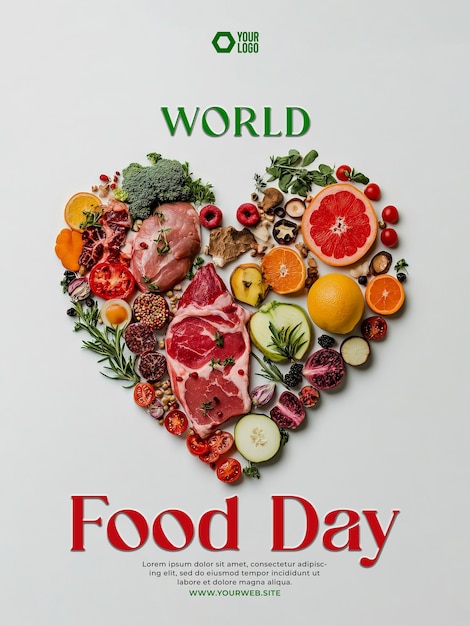 PSD happy world food day poster with heartshaped background of meat fruit vegetables and spices