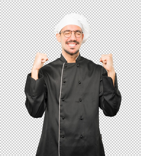 PSD happy young chef doing a competitive gesture