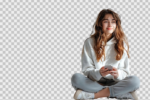 Happy young girl sitting on the floor holding smartphone in hands and looking away on isolated transparent background